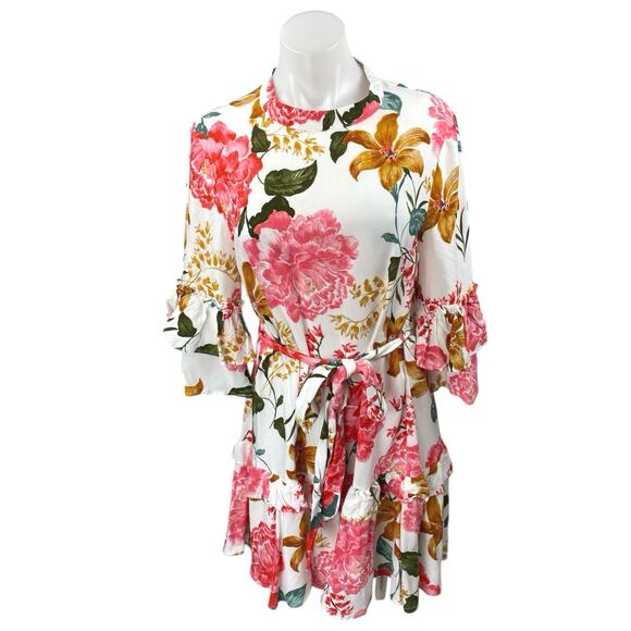 Petal & Pup Multicolor Floral Half Sleeve Ruffle Tiered Tie A Line Mini Dress S - Picture 1 of 5